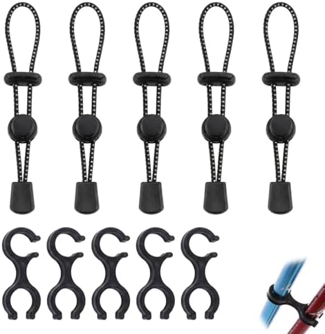 10 Piezas Accesorios para Bastones de Senderismo, 5 Cordones Elásticos y 5 Trekking pole clips para Mochila de Trekking, Soporte de Fijación para Montañismo y Escalada (Negro)