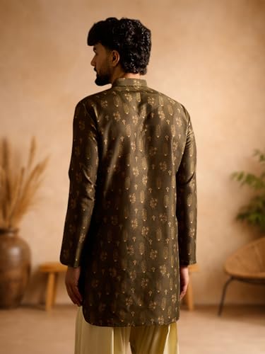 Image of Amazon Brand - Tavasya Men Silk Blend Ethnic Motif Printed Embellished Long Kurta | Regular Fit | Ethnic Wear | Full Sleeve