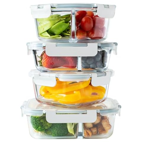 Orii 4 Piece Glass Food Storage Compartment Containers with Lids, Multiple, Charcoal Grey Cover