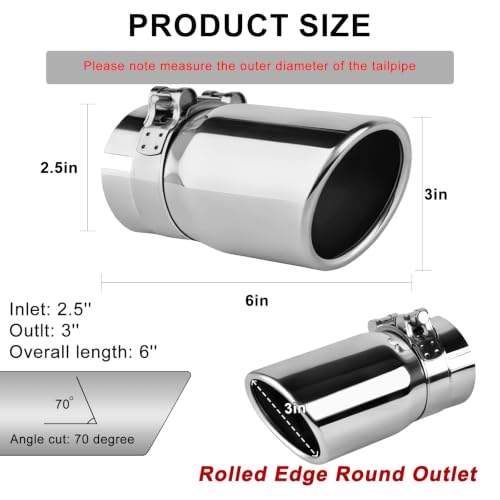 Image of 2.5 Inch Inlet Exhaust Tip, 3 inch Outlet 6 inch Length Stainless Steel