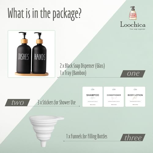 Image of LOOCHICA 2 Pack Black Glass Soap Dispenser Set with Tray, Hand and Dish Glass Soap Dispensers for Kitchen Sink, Matte Black Soap Dispenser Suitable for Kitchen Sink, Rustic Kitchen Decor