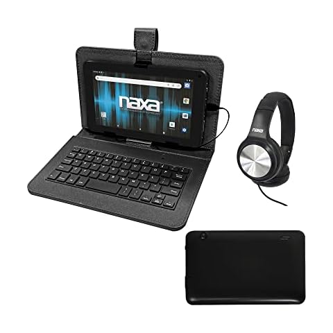 Naxa NID-7056 Android 11 Tablet with 7” HD TN Screen USB Keyboard Case and Headphone, 1.6 GHz Quad Core Processor, 2GB Ram, 32GB Storage, Front and Rear Cameras, Speaker and Microphone, Black Cover