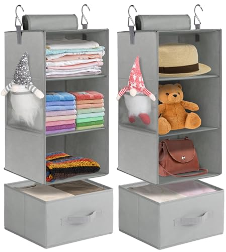 punemi 3-Shelf Hanging Closet Organizer, 2 Pack Closet Hanging Organizer with Drawers, Foldable Hanging Closet Shelves for Rv, Camper, Locker, 22.8