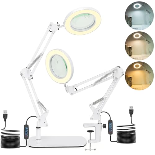 2-in-1 Magnifying Glass with Light and Stand, 15X 10X LED Magnifying Lamp with Clamp and Base, Desk Magnifier Lamp with 3 Color Modes for Hobby Crafting, Repair, Reading