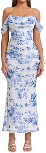 KUTUMAI Off The Shoulder Maxi Long Dress Corset Ruched Bodycon Co...