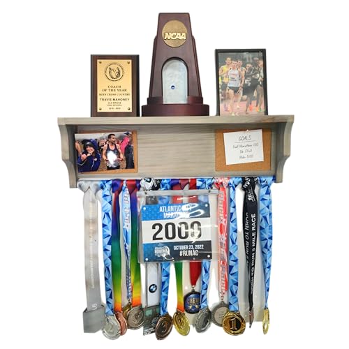 All-in-1 Medal Award Display - 23" Trophy Shelf, Bib Hanger, Plaque, Picture, Race Photo and Lanyard Medals. Patented Groove Design (Rustic)