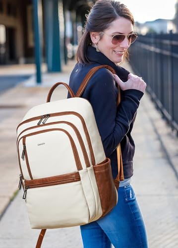 Image of Shrrie 17 inch Leather Laptop Backpack for Women, Large Travel Backpack with 6 Compartments, Computer Backpack Purse for Work College
