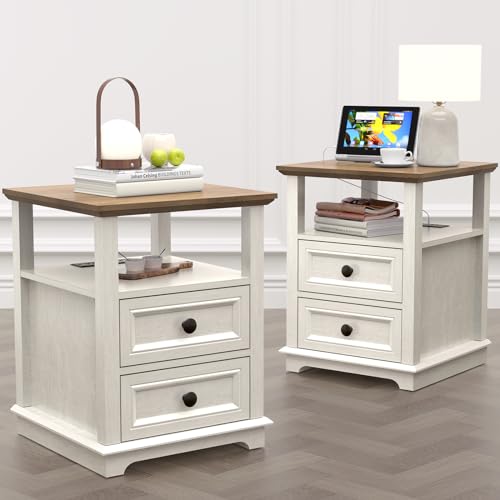 24 Tall Nightstand with Charging Station Set of 2 Fast Charge End Table Set of 2 Large 18 Bedside Table with Drawers Storage Cabinet with Open Shelf for Bedroom White