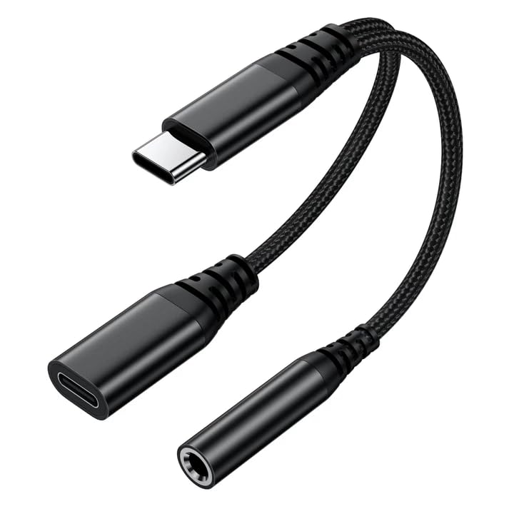 USB C auf 3,5mm Klinke Adapter und Laden, 2 in 1 Typ C auf 3.5mm Kopfhörer Adapter mit PD 60W Schnellladung,USB C zu Schnellladung Aux Audio für iPhone 15 16 Samsung S25 S24 Type C Devices(Schwarz)