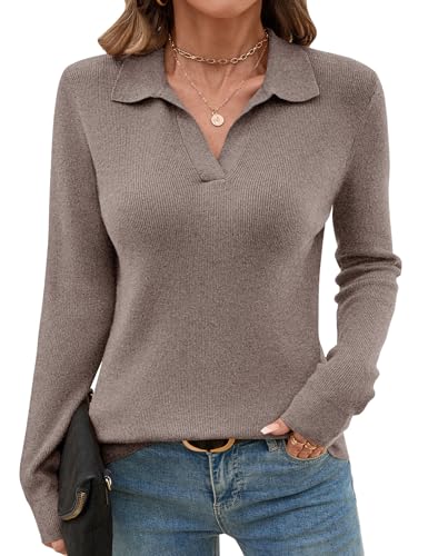 Romanstii Women's Knitted Collared Sweaters Long Sleeve V-Neck Polo Shirts Winter Pullover Tops