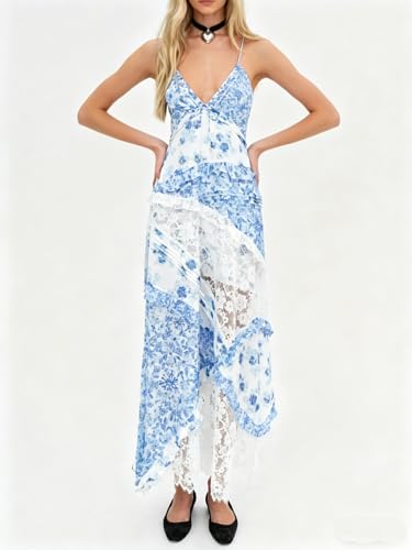Image of Women Y2k Floral Smocked Maxi Dress Bow Tie Shoulder Tiered Ruffle Midi Sun Dress Boho Casual Beach Long Dresses