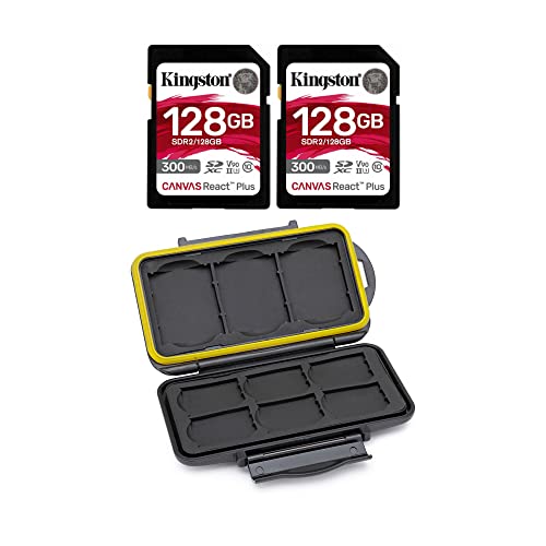 Kingston Canvas React Plus 128GB U3 V90 SDXC UHS-II SD Card (2-Pack) Bundle and Memory Storage Carrying Case (3 Items)