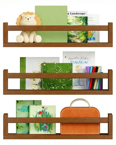 Image of Harwaya Walnut Brown Nursery Book Shelves Wall Mounted, Wooden Floating Bookshelf for Kids Room Bedroom, Dark Wood Nursery Bookshelves for Kitchen Classroom Playroom (Solid Pine, 3-Pack)