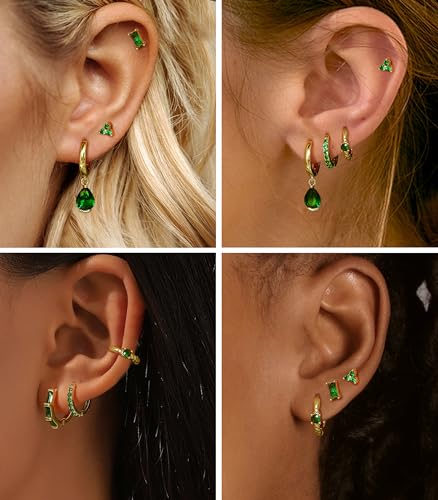 14K Gold Plated Hoop Earrings for Women 6 Pairs Emerald Green Earrings Dainty Small Hoop Earrings Stud Earrings Sets for Multiple Piercing2