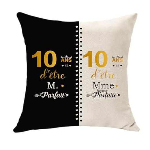 Housse de Coussin Original Cadeaux pour 10 Ans Anniversaire de Mariage Idée Cadeau 10ème De Mariage pour Couple Époux Épouse Sœur Frère - M. Parfait et Mme Toujours Parfaite Décoration (10)