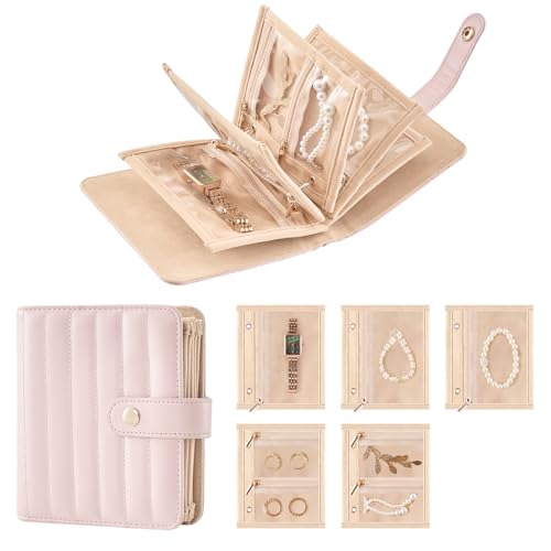 Lolalet Travel Jewelry Organizer Case, Portable Jewlery Storage Book Portfolio Binder with Zipper Velvet Pouch for Women -Pink, Small Pink S