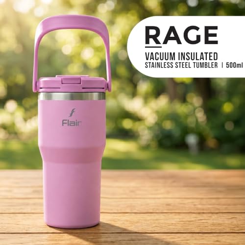 Image of FLAIR Rage Vacuum Insulated Coffee Tumbler 500 ml Pink | 2-in-1 Lid (Straw & Sip)| 304 Double Wall Stainless Steel | Leak-Proof Lid | Hot & Cold Travel Mug with Handle | BPA-Free