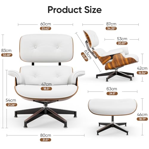 Image of Top White PU Leather, Mid Century Chaise Lounge Chair and Ottoman, Modern Chair Classic Design, Palisander Wood, Heavy Duty Base Support for Living Room Office