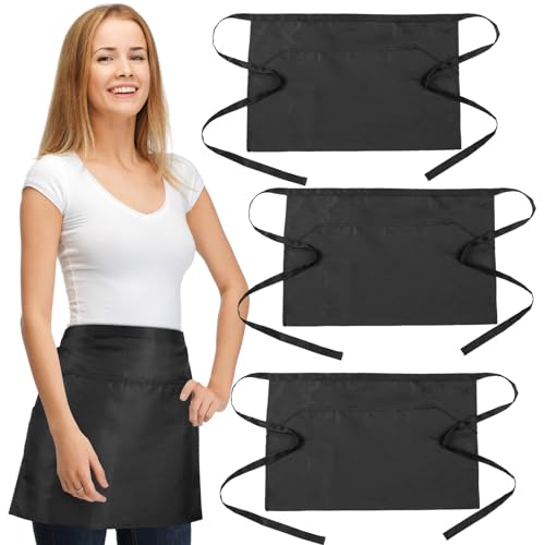GWHOLE 3 Piezas Delantales de Cintura Delantal Corto con 3 Bolsillos para Chef Camarero Restaurante Casa Panadero Artesano Bar Bartender, Negro