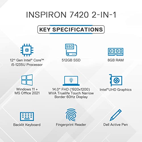 Image of Dell Inspiron 7420 2in1 Laptop, Intel i5-1235U, 8GB DDR4 & 512GB SSD, Win 11 + MSO'21, 14.0 inch (35.56Cms) FHD+ WVA Truelife Touch 250 nits, Active Pen, Platinum Silver (D560778WIN9S, 1.57Kgs)