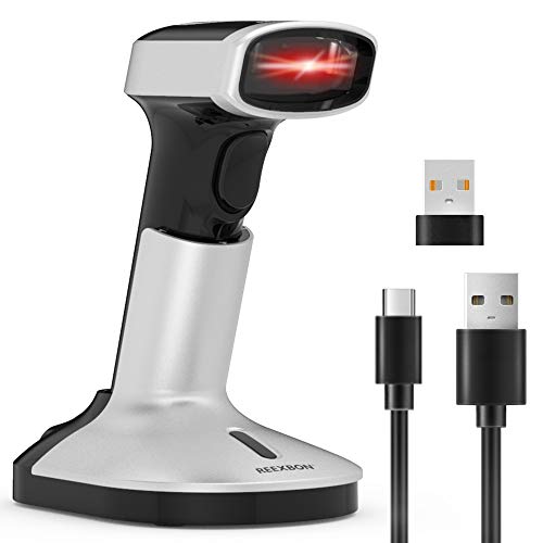 Barcode Scanner Bluetooth, REEXBON Handeld 2.4GHz Wireless Bar Code Scanners with Charging Cradle USB 1D/2D Automatic Accurate Scan Barcode QR Code Reader