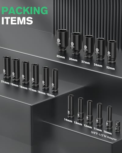 Ginour Impact Socket Set 1/2 Inch, 17PCs Drive Master Deep Impact Socket Set 10mm - 32mm, Metric, Cr-Mo, 6 Point, with 3/8'' to 1/2'' Adapter 8 Ginour Impact Socket Set 1/2 Inch, 17PCs Drive Master Deep Impact Socket Set 10mm - 32mm, Metric, Cr-Mo, 6 Point, with 3/8'' to 1/2'' Adapter - Image 8