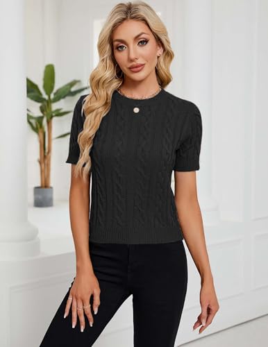 Image of Libsorge Womens Cropped Short Sleeve Sweater Fall 2025 Crewneck Sheer Knit Tops - Lightweight, Thin, Crop, Slim Fit