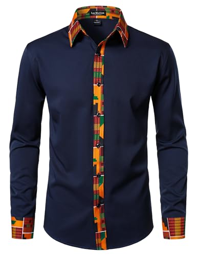 LucMatton Men's Kente Print Long-Sleeve Button-Down Dress Shirt African Attire Tribal Graphic Dashiki Shirts Navy Large
