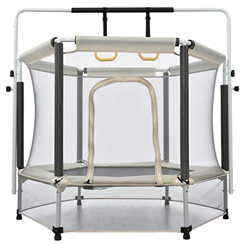 トランポリン 子供用 安全ネット付き 鉄棒 吊り輪付き セーフティ安全カバー ネット付き スプリング式 大型 家庭用 室内 スポーツ 遊具 おもちゃ とらんぽりん キッズ 子ども プレゼント (ベージュ)