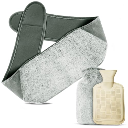 Zepphi Wärmflasche Wärmflaschengürtel, 1L Wärmflasche aus Gummi mit Weichem Taillenbezug, 3 in 1 Langes Kaninchenhaar Wärmflasche für Nacken,...