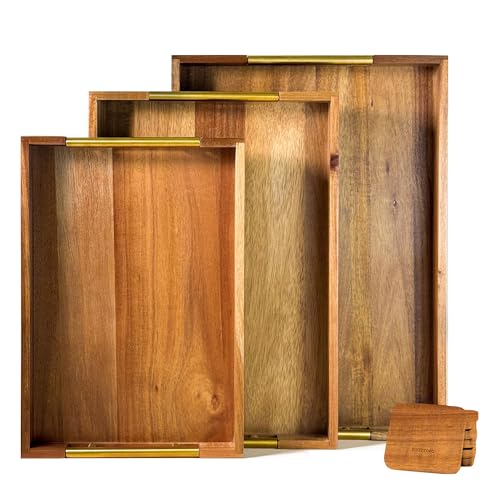 Acacia Wood Serving Tray – Set of 3 with Golden Steel Handles 18″, 16″ & 14″ with 6 Coasters – for Coffee Table, Ottoman in Living Room, Breakfast in Bed, Jewelry, Decorative