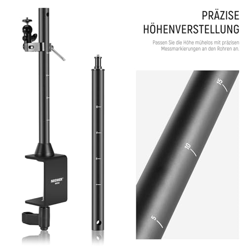 NEEWER Kamera Halterung, Overhead Tischstativ Mount mit Handyhalter/2 Kugelköpfen/Armen/Super Clamp/Reinigungstuch für Mic Webcam, Klemmstativ für mehrere Geräte, einstellbare Höhe Breite, Max 12kg