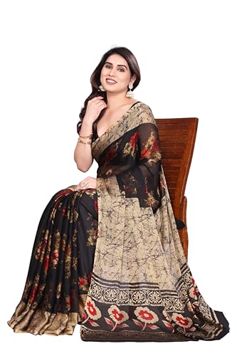 Image of SUPERLAXMI Women's Chiffon Floral Printed Saree with Blouse Piece