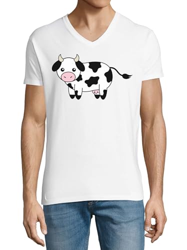 T-shirt à col en V en coton blanc pour homme avec imprimé Cute Cow Art