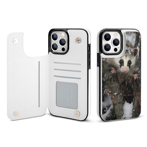 HKMNLEW Opossum in Snow Print Flip Phone Wallet Case iPhone 13 Pro�p PU���U�[���C�ϏՌ��g�ѓd�b�P�[�X�J�o�[ �J�[�h�z���_�[�t��