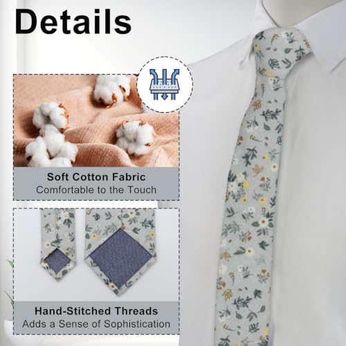 Image of Luckyvestir Ties for Men, Sage Green Cotton Floral Tie 2.76 inch Flower Printed Men's Neckties for Wedding /Groomsmen /Suit /Party