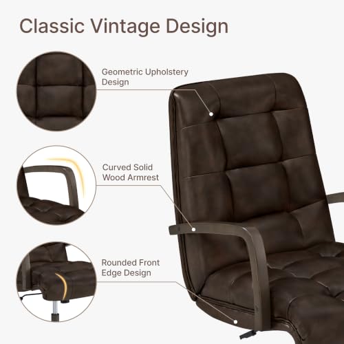 KISLOT Home Office Desk Chair, Ergonomic Office Chair with Square-Patterned Leather Upholstery, Adjustable Swivel Computer Chair with Wood Arms & Wheels, Soft-Rounded Front Edge, Espresso by KISLOT - Used condition - Image 3