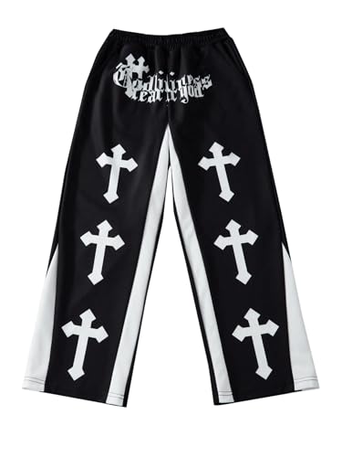 SHENHE Boy's Y2K Pants Cross Print Elastic Waist Drawstring Wide Leg Pocket Athletic Sweatpants