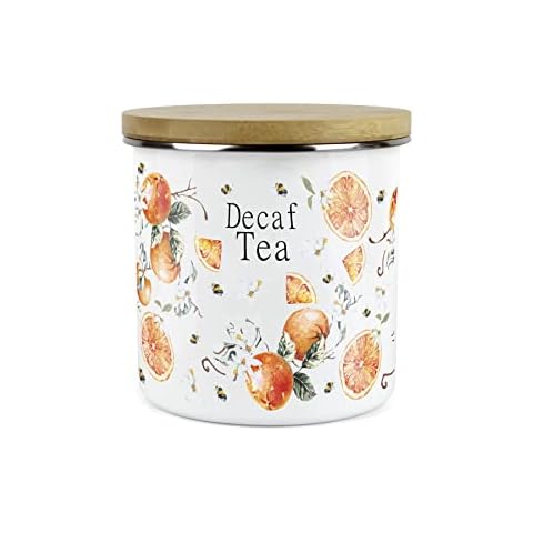 Purely Home Painted Tangerines Decaf Tea Canister - White Metal Enamel Kitchen Food Storage Container Cover