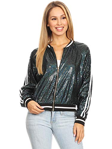 Anna-Kaci Womens Long Sleeve Front Zip Track Stripe Sequin Bomber Jacket, Green, Small