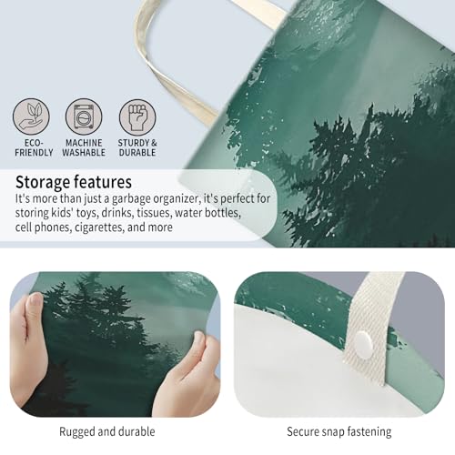 Image of Car Trash Can, Hanging Garbage Bin for Men and Women, Cute Car Organizer and Storage Bag, Canvas Vehicle Trash Can Bag Easy-to-Install Cute Green Mountain