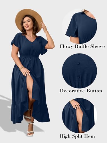Image of RWJ Women Plus Size Maxi Dress V Neck Short Sleeve Button Trim Split Flowy Tiered Casual Long Dresses 2025 L-3XL