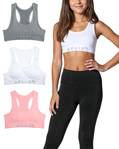 dELiA*s Girls Sports Bra - 3 Pack Soft Seamless Racerback Padded Support Training Bras for Girls (Sizes: 32A-36A)