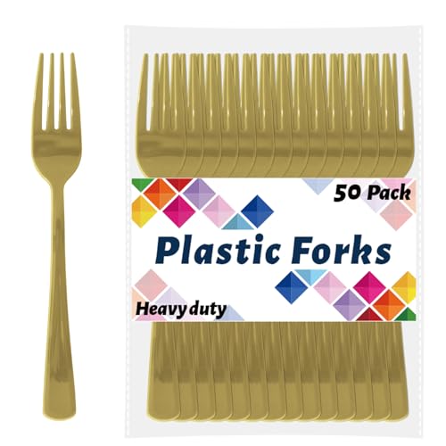 CXPSINC Gold Plastic Forks Disposable 50 Count - 7.28 Inch Heavy Duty Disposable Cutlery Utensils Solid for Party Picnic Catering Daily Use & More (Gold)