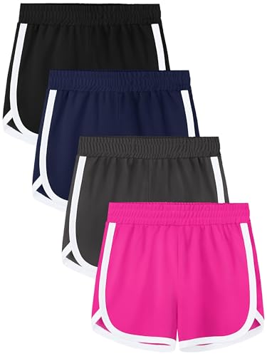Aikuco Pacote com 4 shorts de corrida para meninas, shorts esportivos para crianças, futebol ativo,