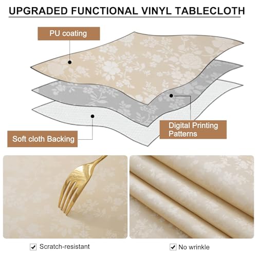 Image of Smiry Waterproof Heavy Duty Vinyl Fitted Tablecloth for 31 inch-35 inch Round Table | Elastic Plastic Table Cloth, Wipeable Washable Floral Patio Table Cover for Picnic, Kitchen and Dining, Beige
