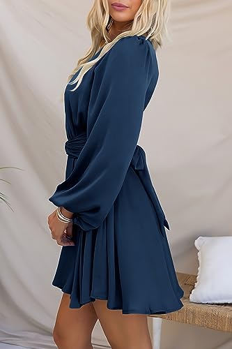 MITILLY Women's Elegant Satin Long Sleeve Round Neck Wrap Tie Waist Flowy Cocktail Party Mini Dress4