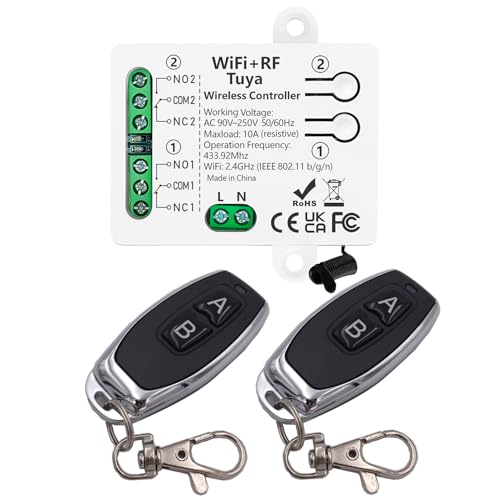 DieseRC Tuya Interruttore Intelligente Wi-Fi 2 Canali Modulo Relè di Uscita Passivo AC 90V-250V 220V, con 2x Telecomando RF, compatibile con Alexa/Google Home