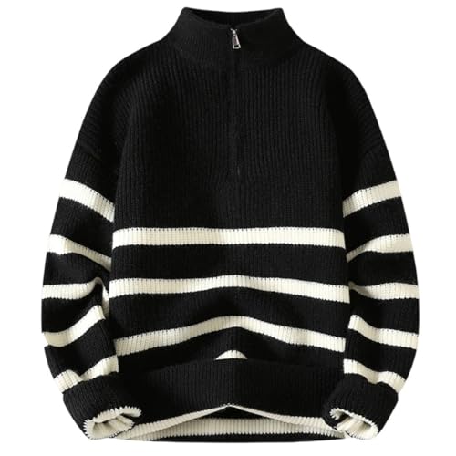 Men Zipper High Neck Striped Sweater Thick Warm Long Sleeve Vintage Casual Pullover Jumper