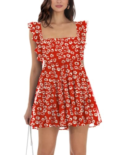 Image of Women's Summer Square Neck Tie Back Ruffle Sleeve Tiered Casual A-Line Short Mini Dress